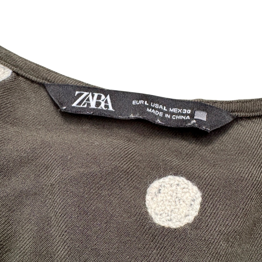 Zara Tunic Top Womens Large Olive Green Pom Pom Dot Babydoll V-Neck L - Picture 2 of 4